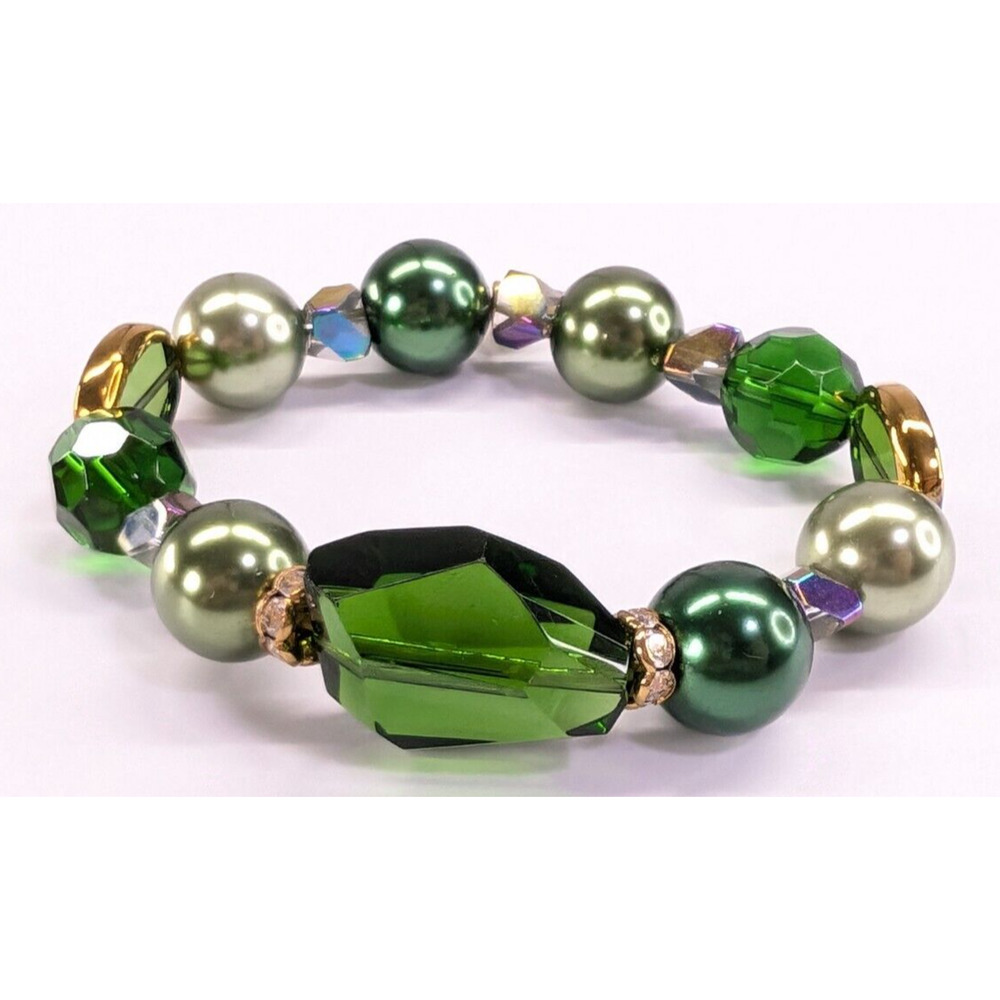 Kissaka Chunky Green Glass & Faux Pearl Beaded Stretch Bracelet